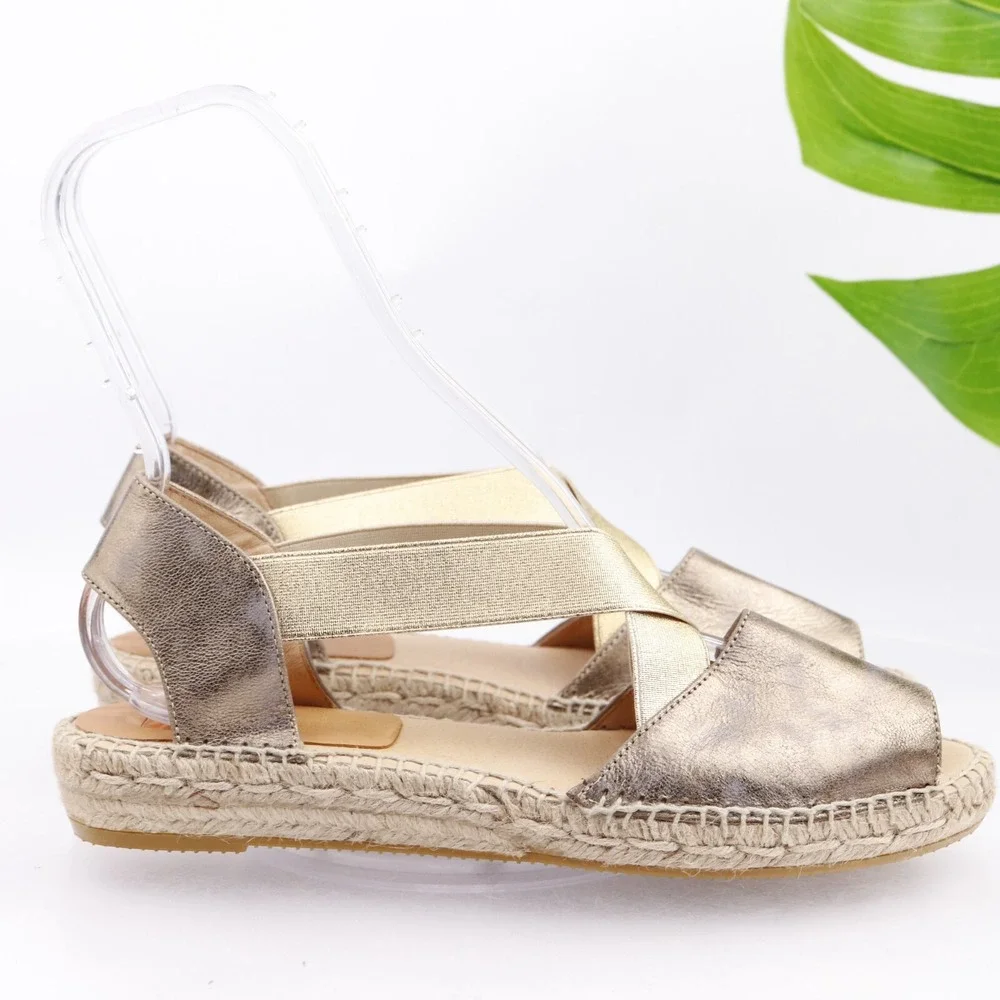 Kanna Womens Espadrille Sandals Size 11 Gold Leather Elastic Slingback Shoe Flat